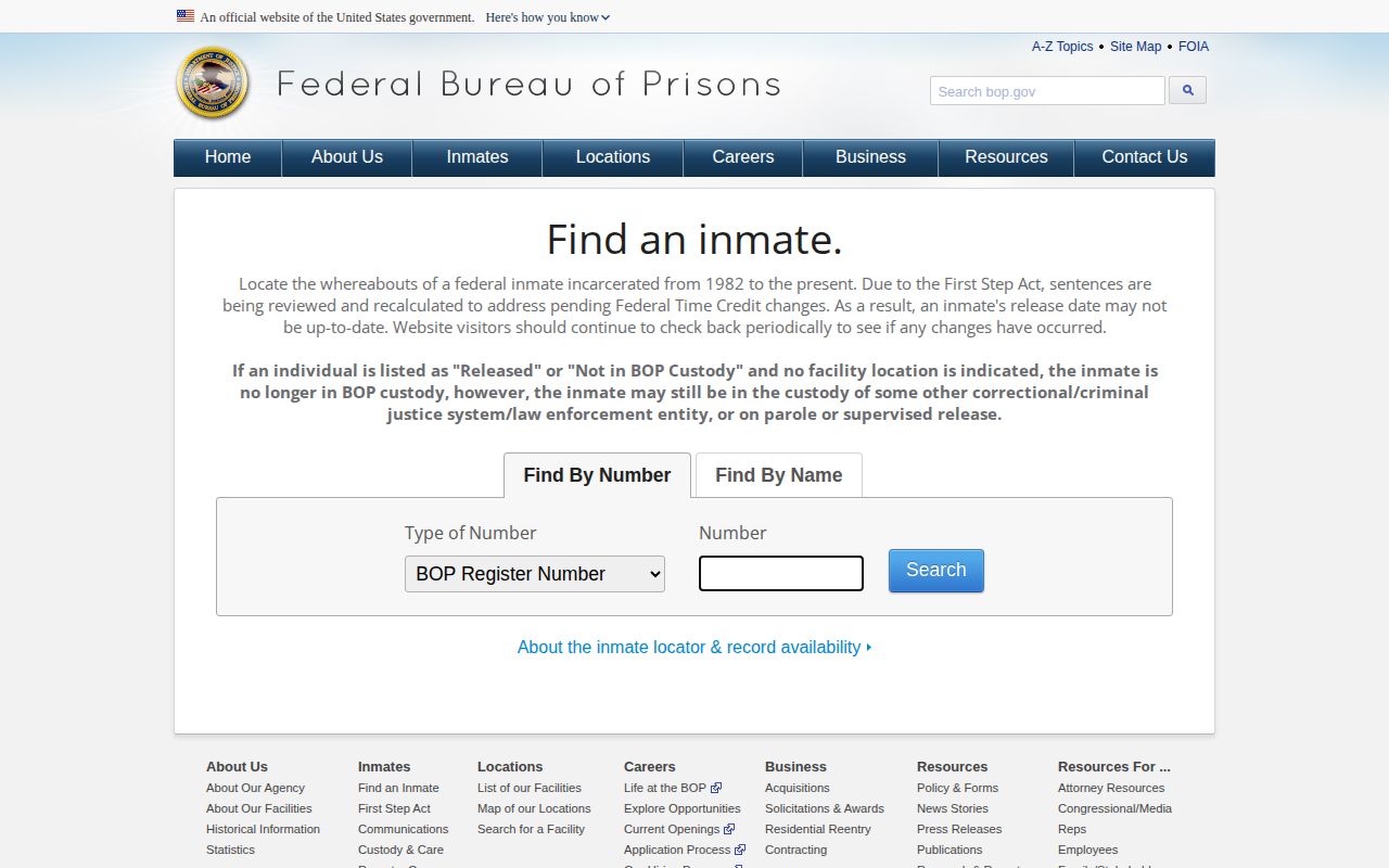 Federal Bureau of Prisons release locator for Monmouth County federal cases