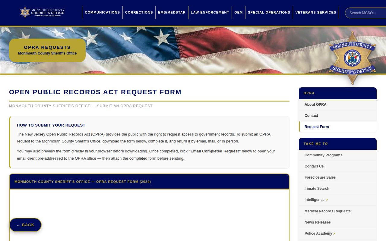 Monmouth County release record OPRA request page