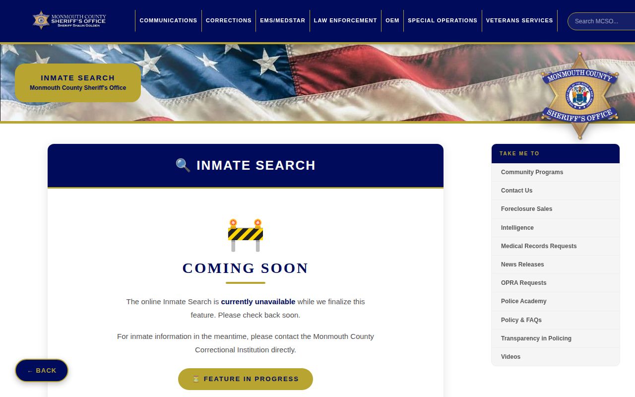 Monmouth County 72-hour release list unavailable on the Sheriff inmate page